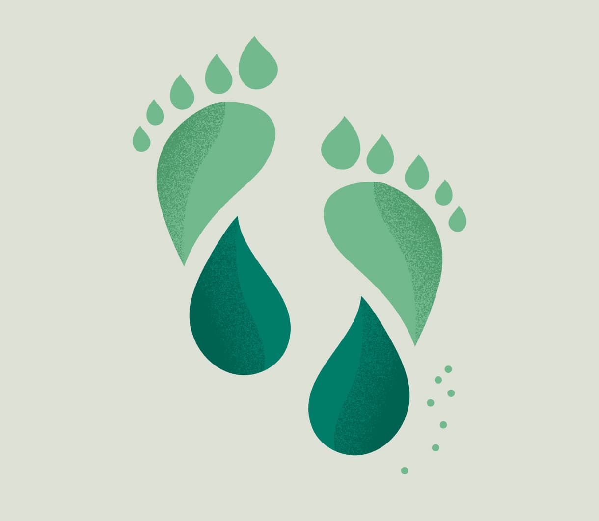 Illustration of two green footprints formed from leaf and water-drop shapes, symbolizing a low carbon footprint.