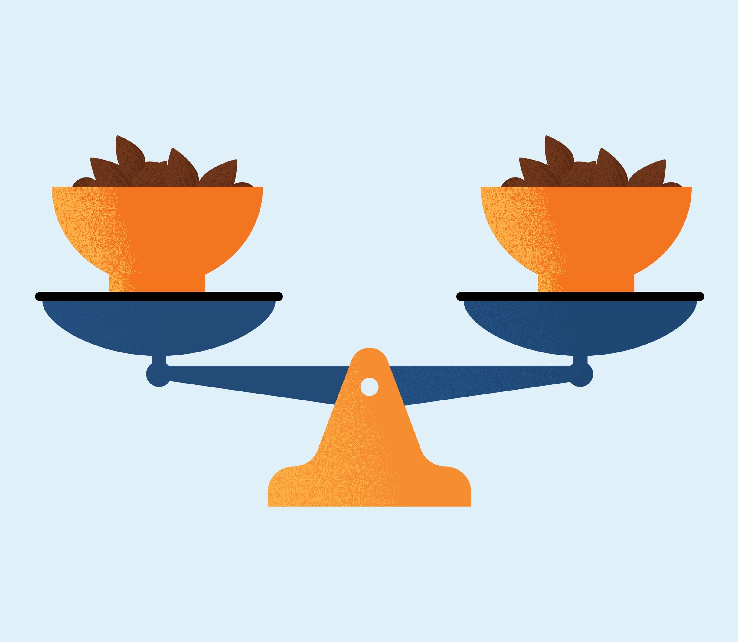 Illustration of a balance scale holding two orange bowls filled with almond-like pieces on each side.