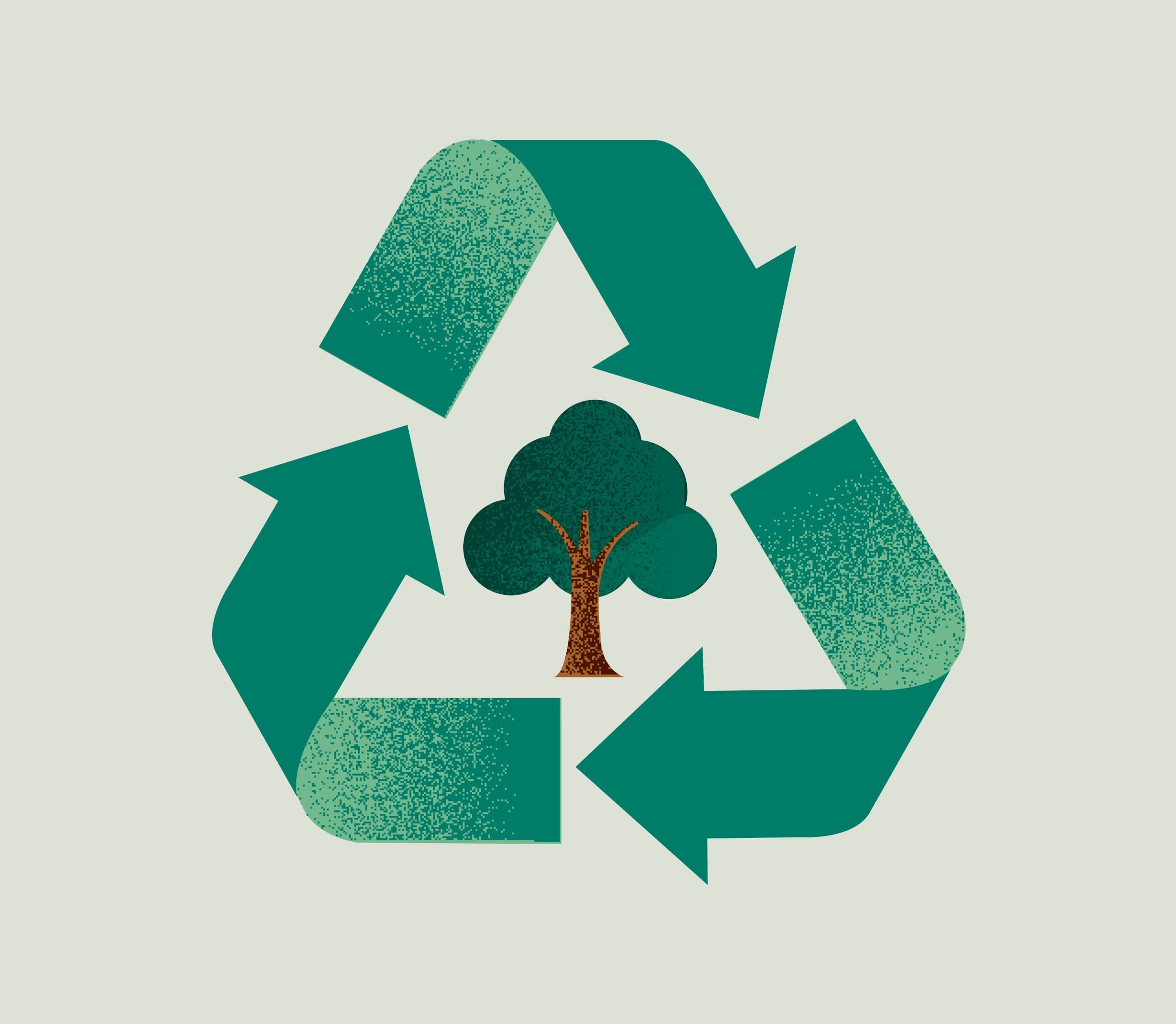 Illustration of a tree inside a green recycling symbol, representing sustainability and environmental efficiency.