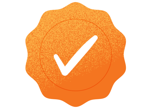 Illustration of an orange badge with a white checkmark in the center, symbolizing approval or quality.