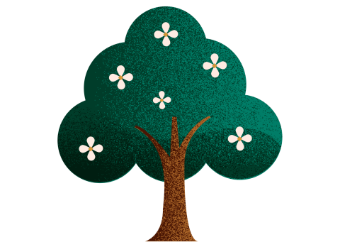 Illustration of a tree with a brown trunk, rounded green foliage, and small white flowers scattered across its branches.